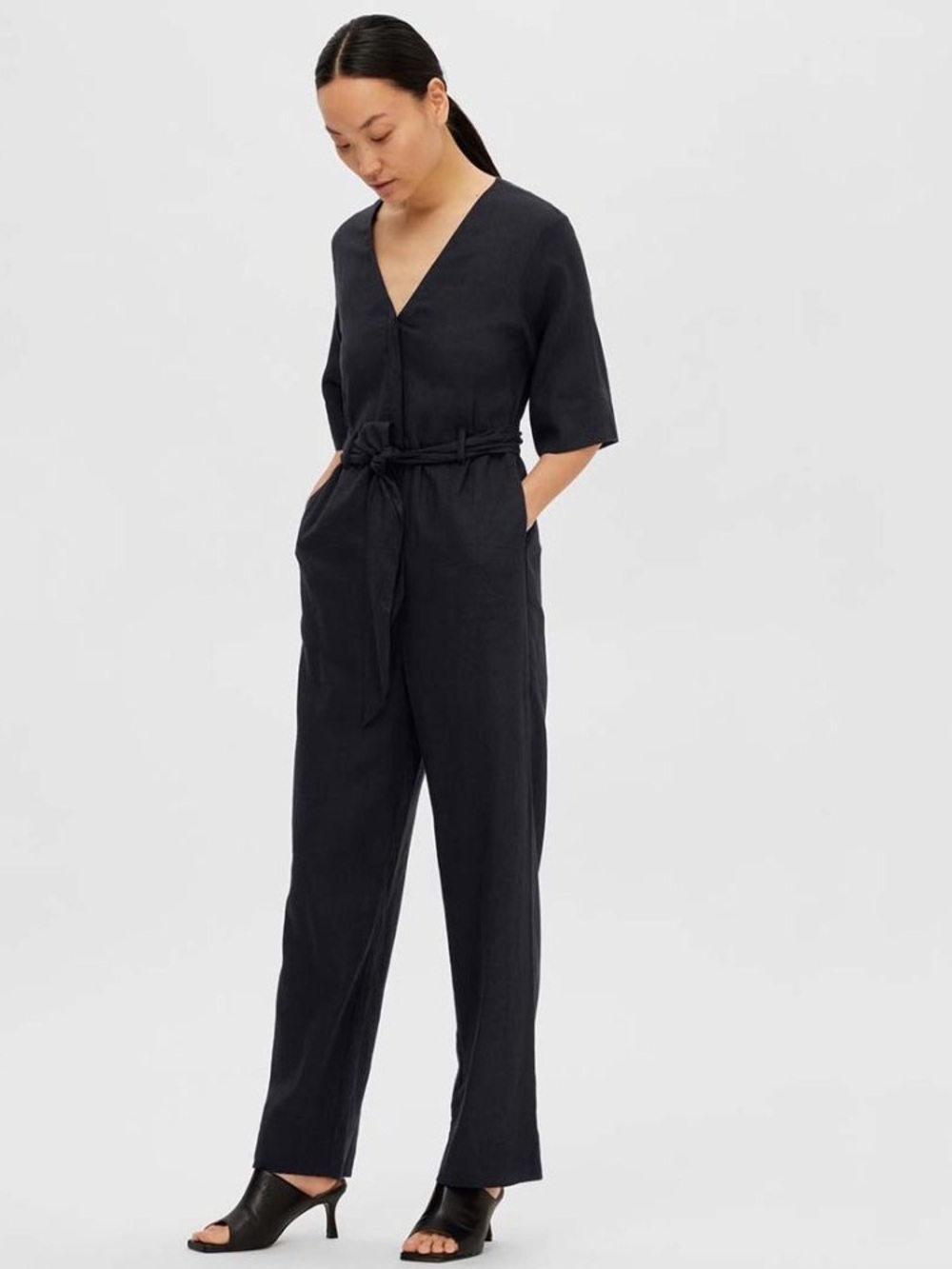 Selected Femme Linen Black V-Neck Tie-Waist Jumpsuit